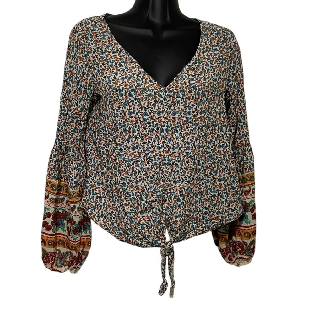 Shein Womens Blouse Size Medium Floral V Neck Tie Front Long Sleeve Shirt Top